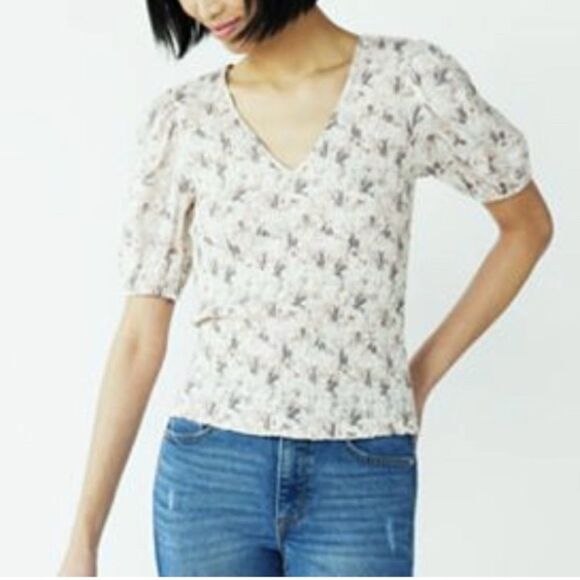 Nine West Womens Smocked Balloon 1/2 Sleeve V Neck Blouse Top Grey Floral Medium - Picture 1 of 8